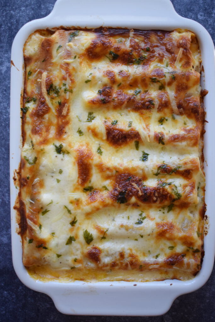 Baked cannelloni in a baking dish.