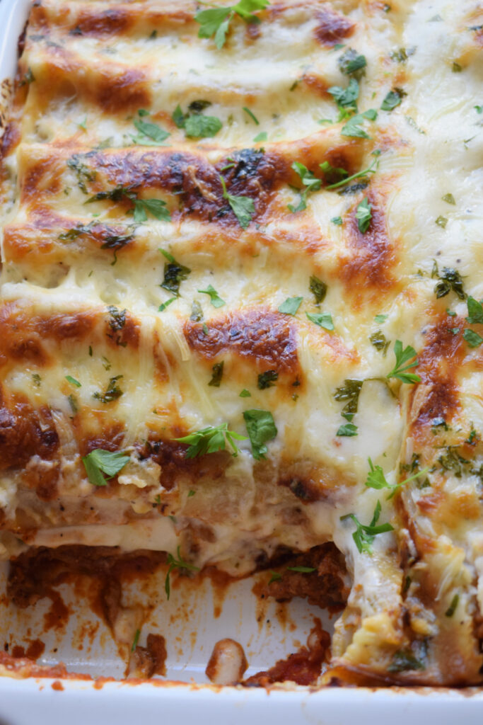 Close up of ground beef and cheese cannelloni.