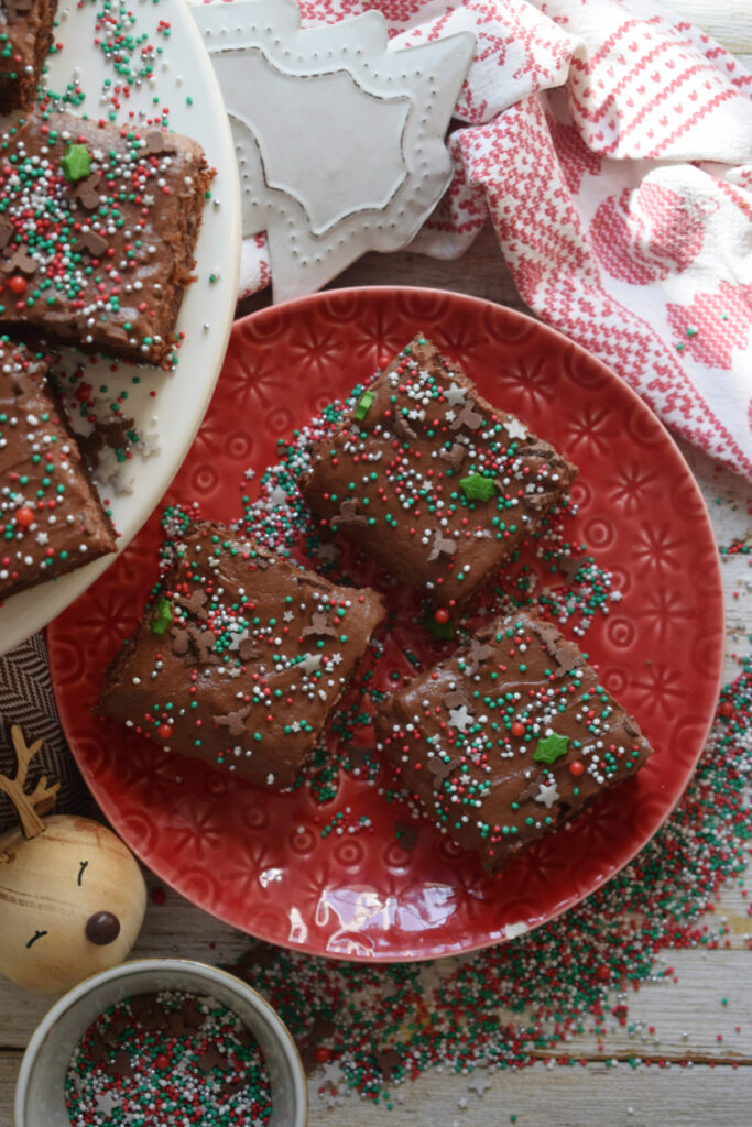 Chocolate Christmas Brownies on a red plate.