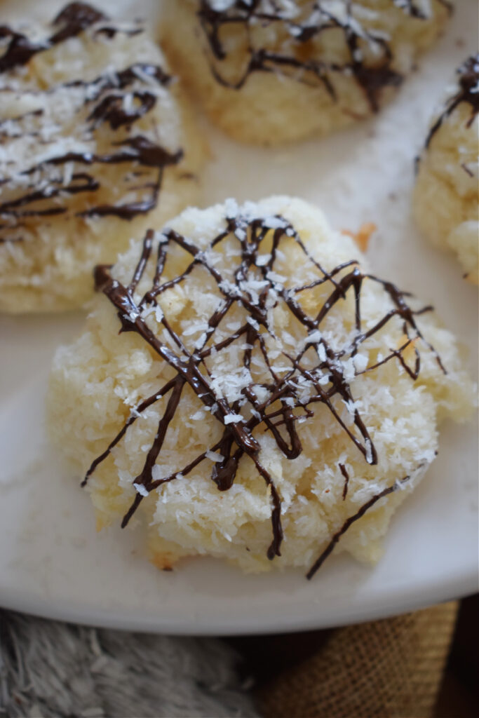 Close up of a coconut macaroon drizzled with chocolate.