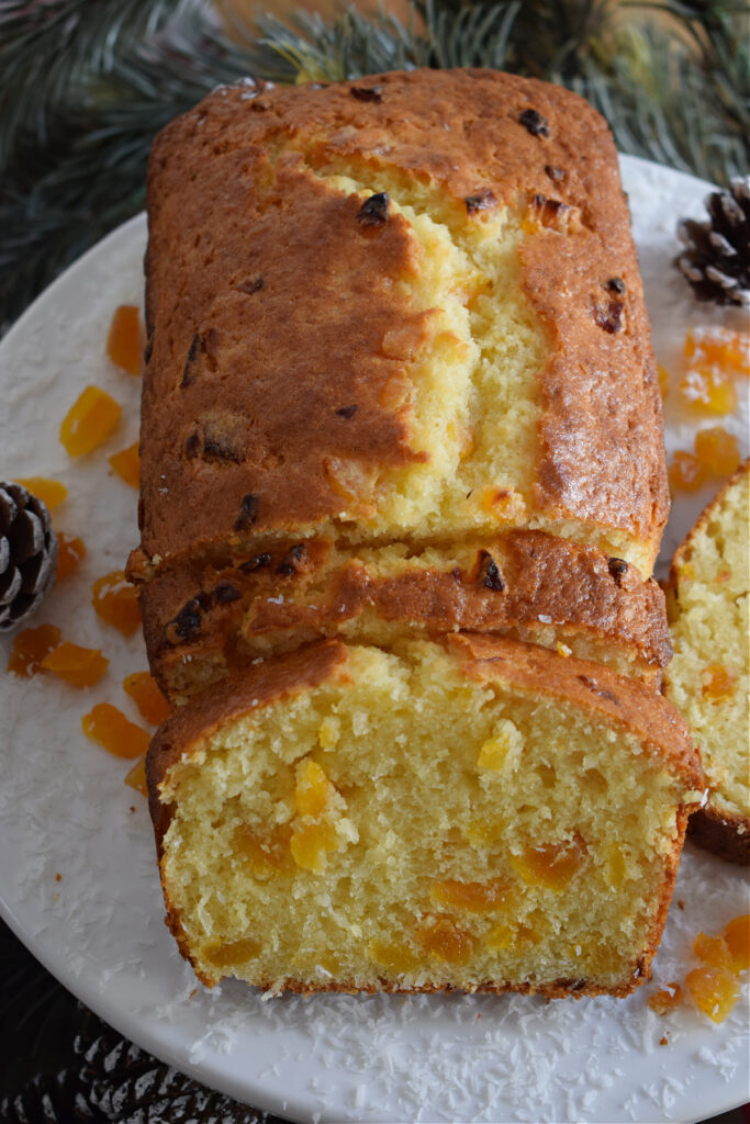 Close up of a loaf cake with apricots.