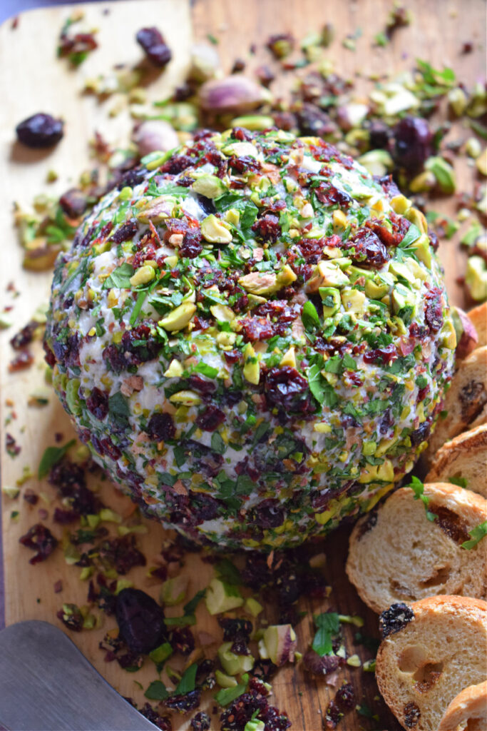 Close up of the cranberry and pistachio goat cheese ball.