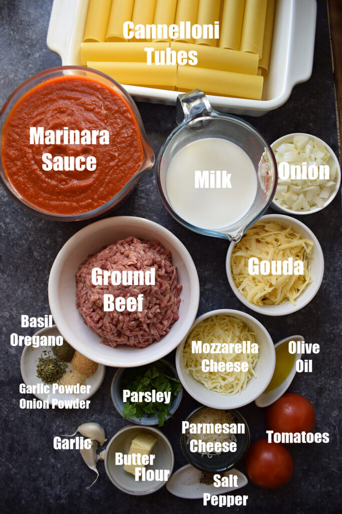 Ingredients to make the beef and cheese cannelloni.