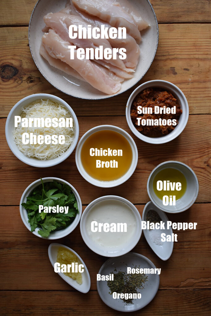 Ingredients to make sun dried tomato chicken tenders.