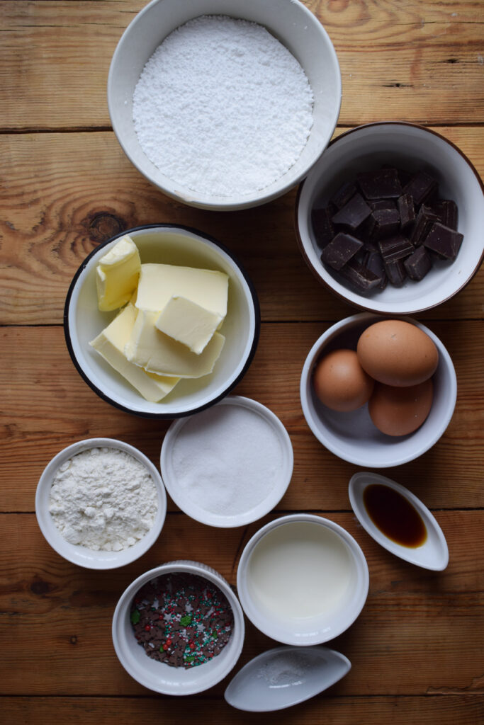 Ingredients to make chocolate frosted brownies.