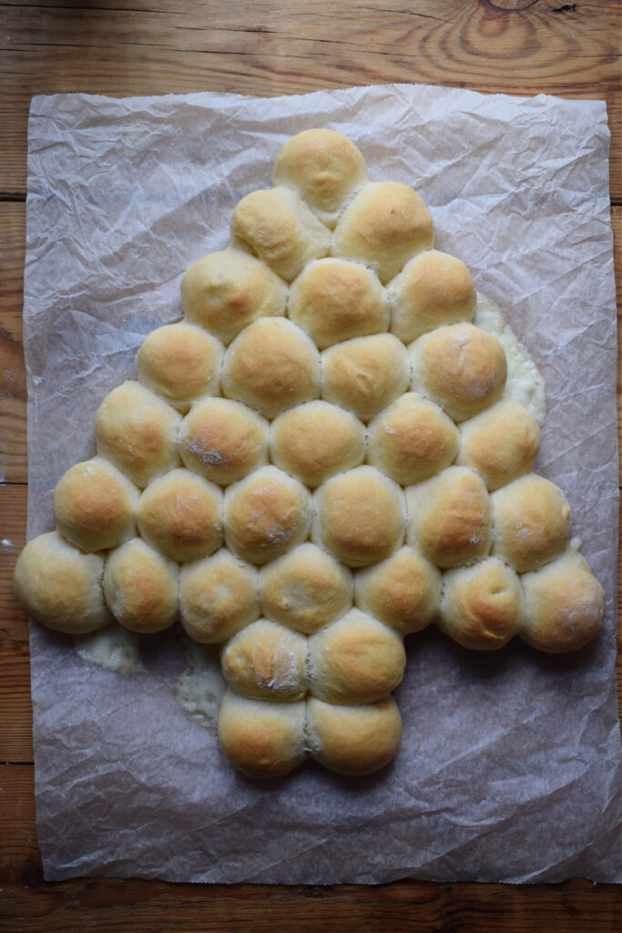 Baked bread roll Christmas tree.