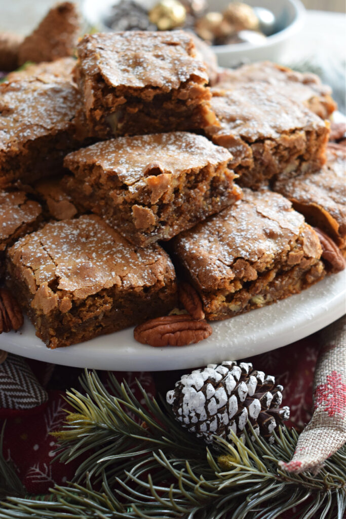 A stack of pecan cookie bars.
