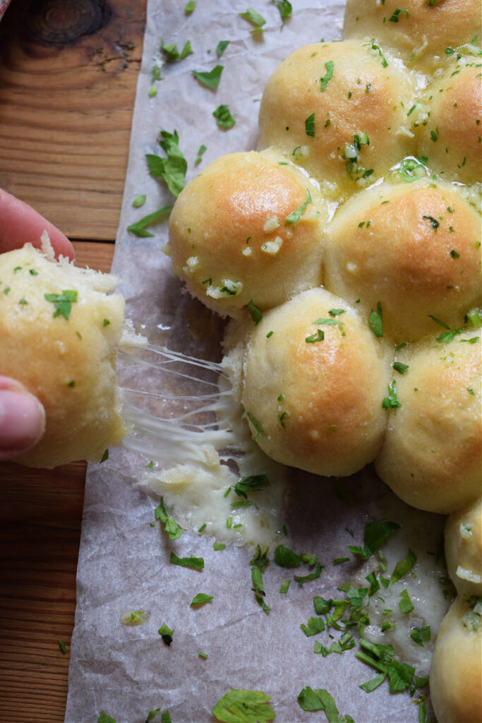 Cheesy dinner rolls on parchment paper.