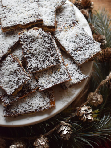 Christmas Crack with coconut on a plate.