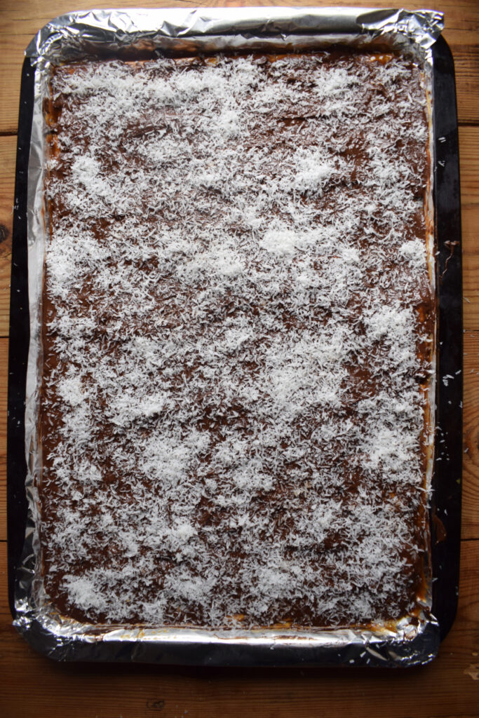 Coconut Christmas crack in a baking tray.