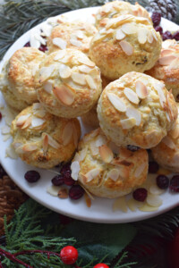 Scones on a white plate.