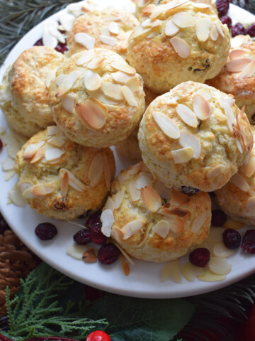 Scones on a white plate.