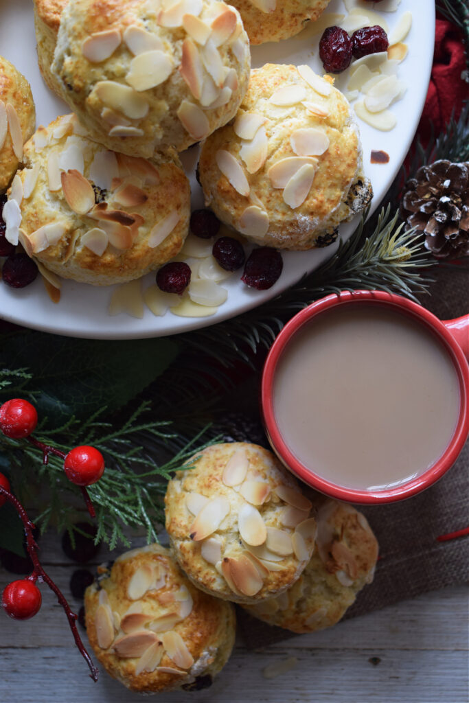 Cranberry scones with a cup of coffee.