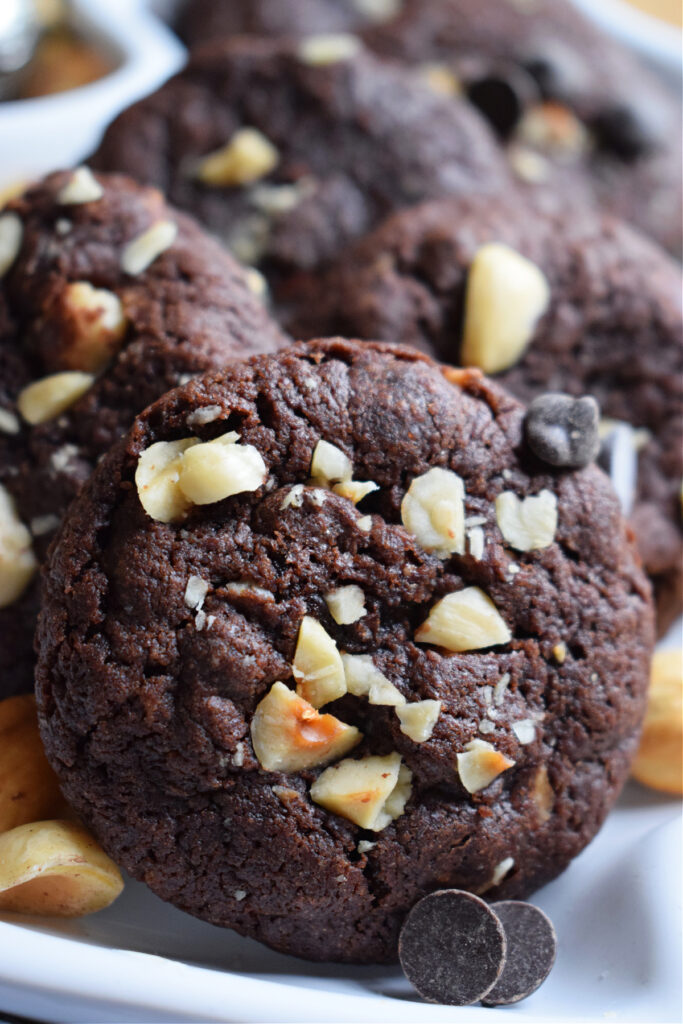 Close up of double chocolate nut cookies.