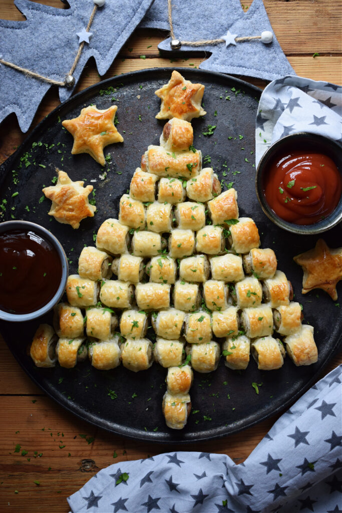 Puff pastry sausage roll Christmas tree.
