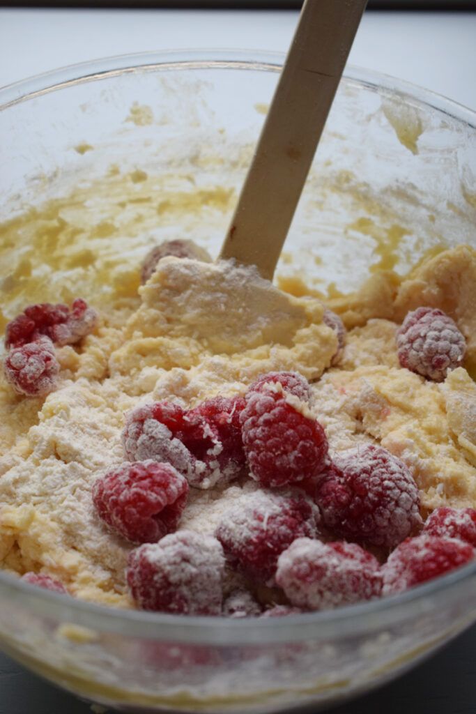 Adding fresh raspberries to muffin batter.