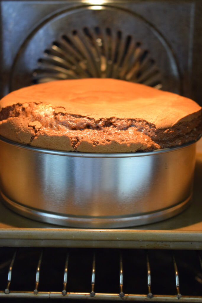 Baking a chocolate torte in a spring form pan in the oven.