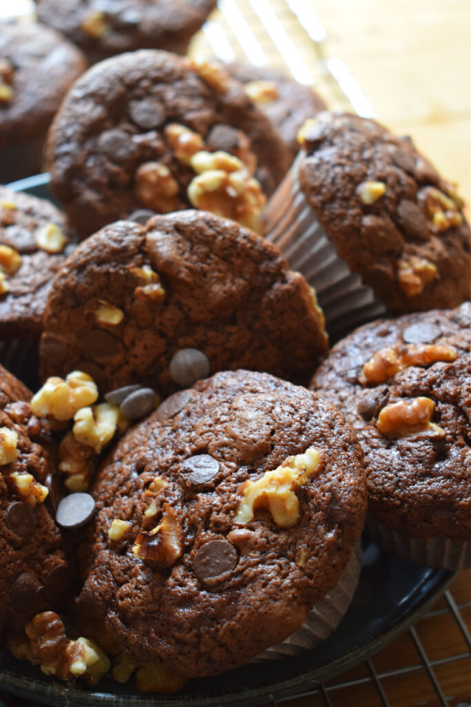 Close up of chocolate walnut muffins.