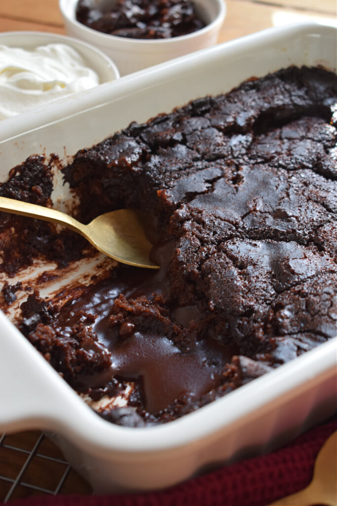 Baked chocolate pudding in a dish.