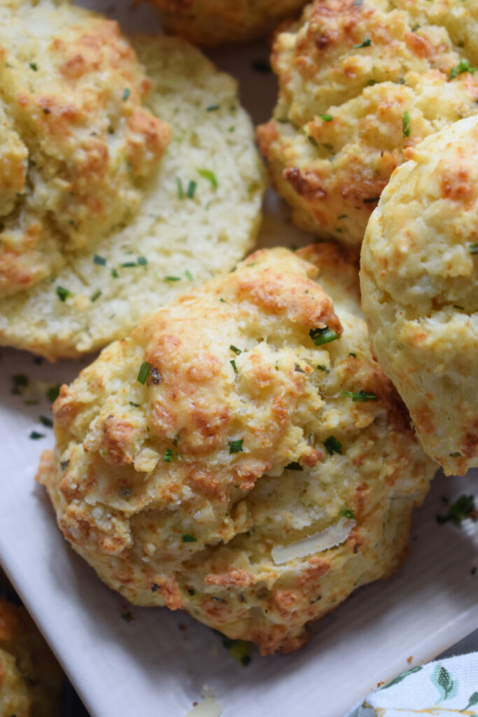 Close up of cheddar and chive biscuits.