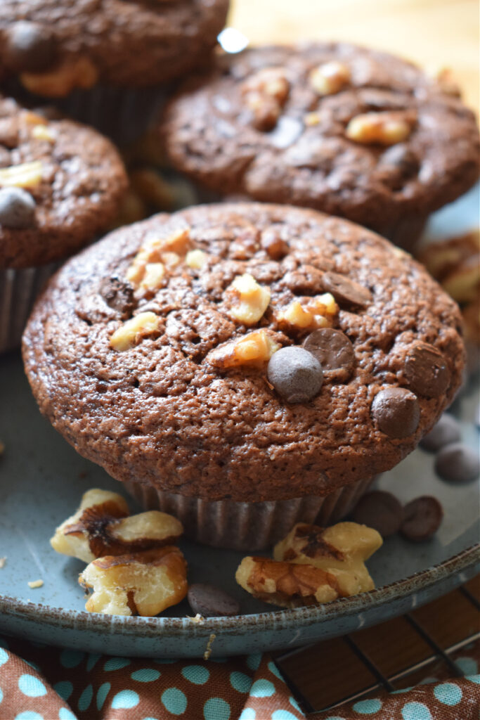 Close up of the chocolate walnut muffins.