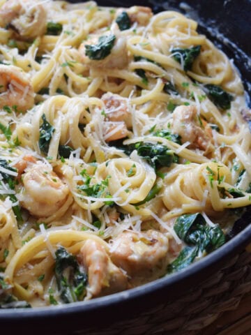 Close up of the creamy pasta dish with shrimp.