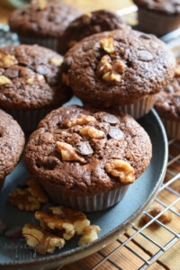 Close up of walnut chocolate muffins.