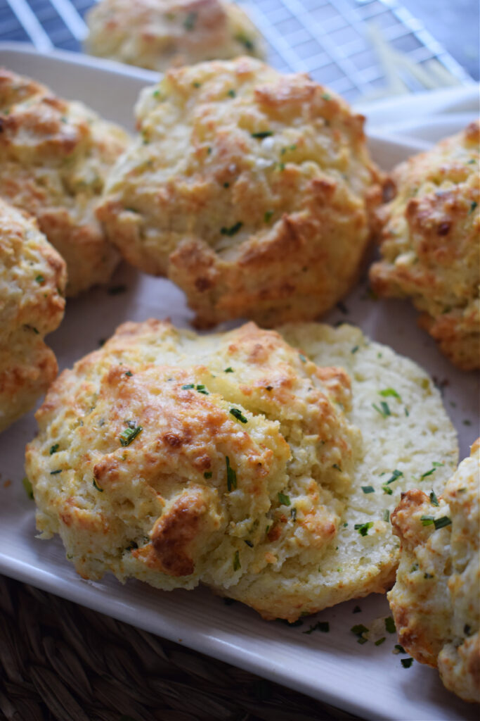Cheddar and Chive biscuits close up.