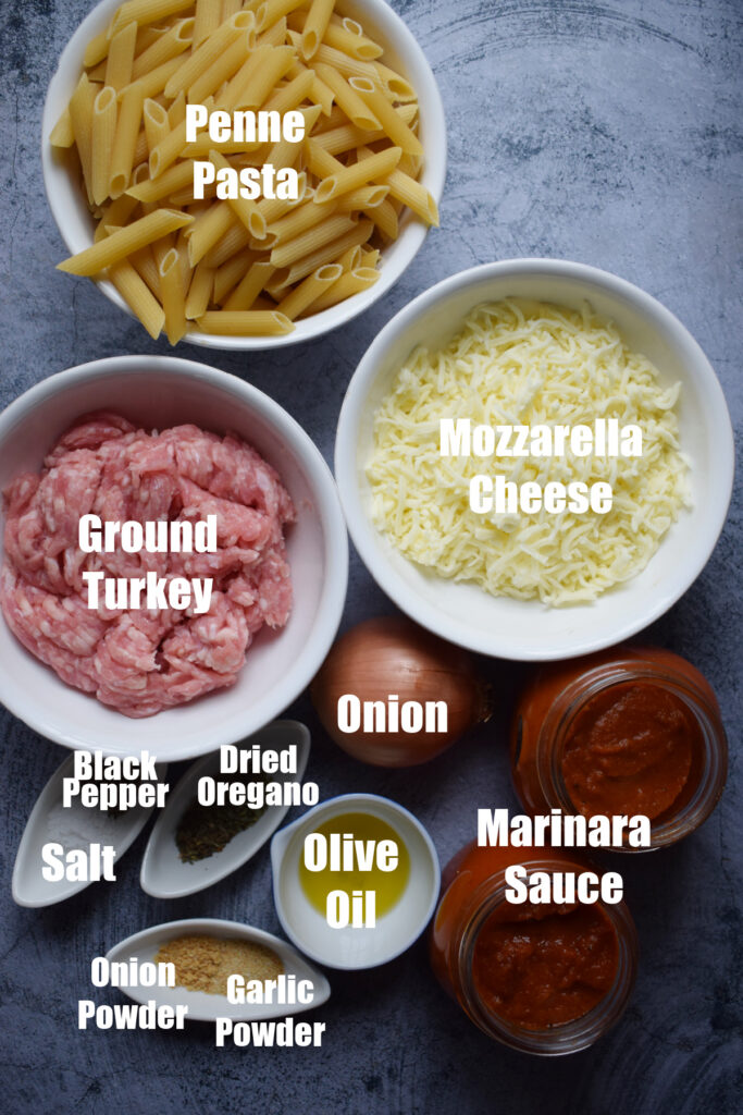 Ingredients to make Ground Turkey Pasta Bake.