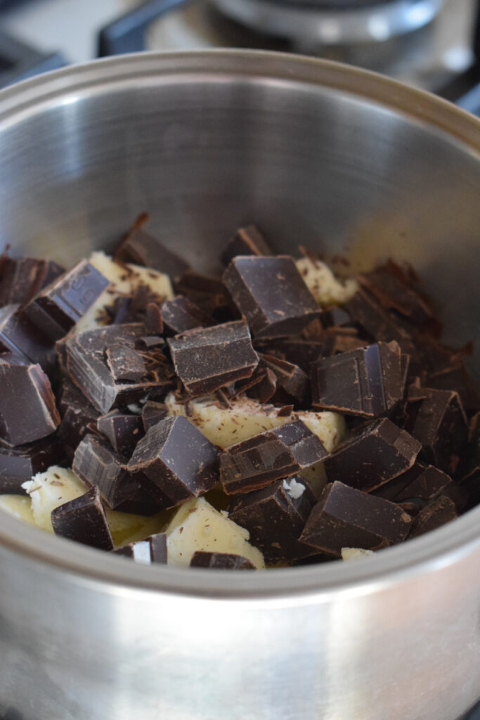 Chocolate and butter in a double boiler.