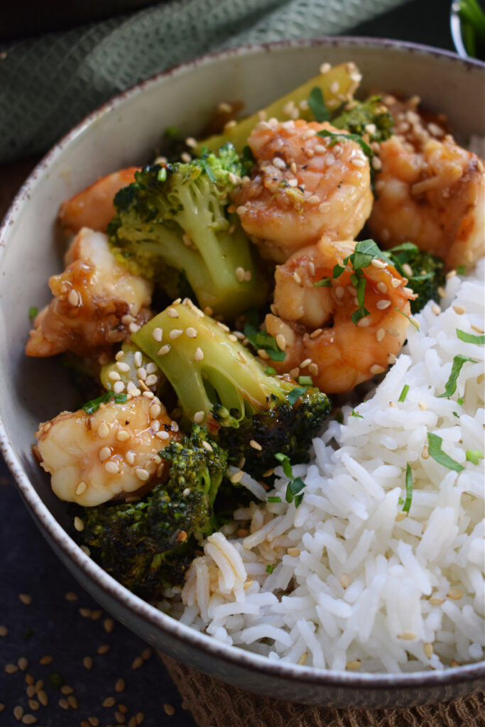 Close up of shrimp and broccoli rice bowls.
