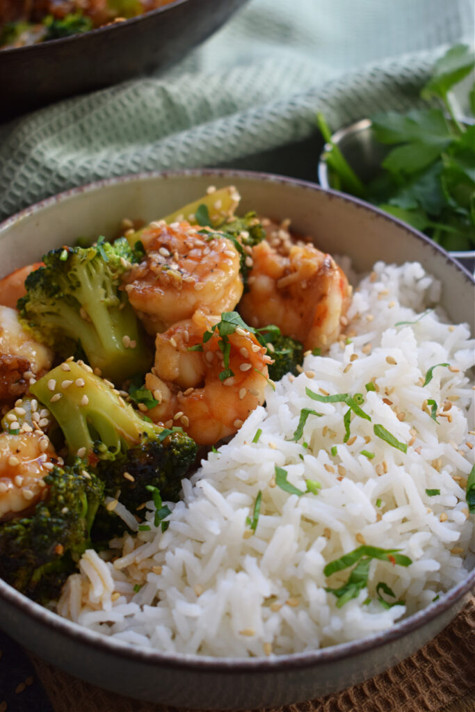 Shrimp and Broccoli Stir Fry in a bowl with basmati rice.