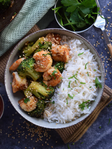 Broccoli and shrimp with rice.