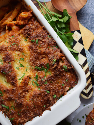 Turkey Pasta in a white casserole dish.