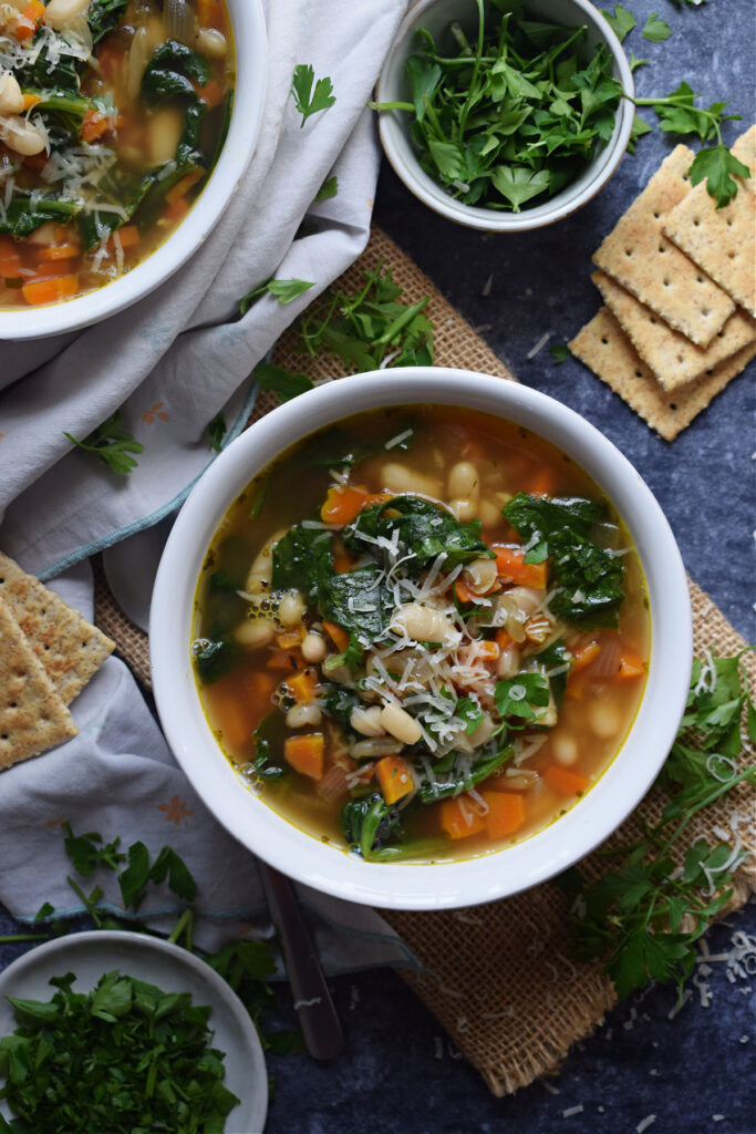 Bean soup in bowls on a dark background.