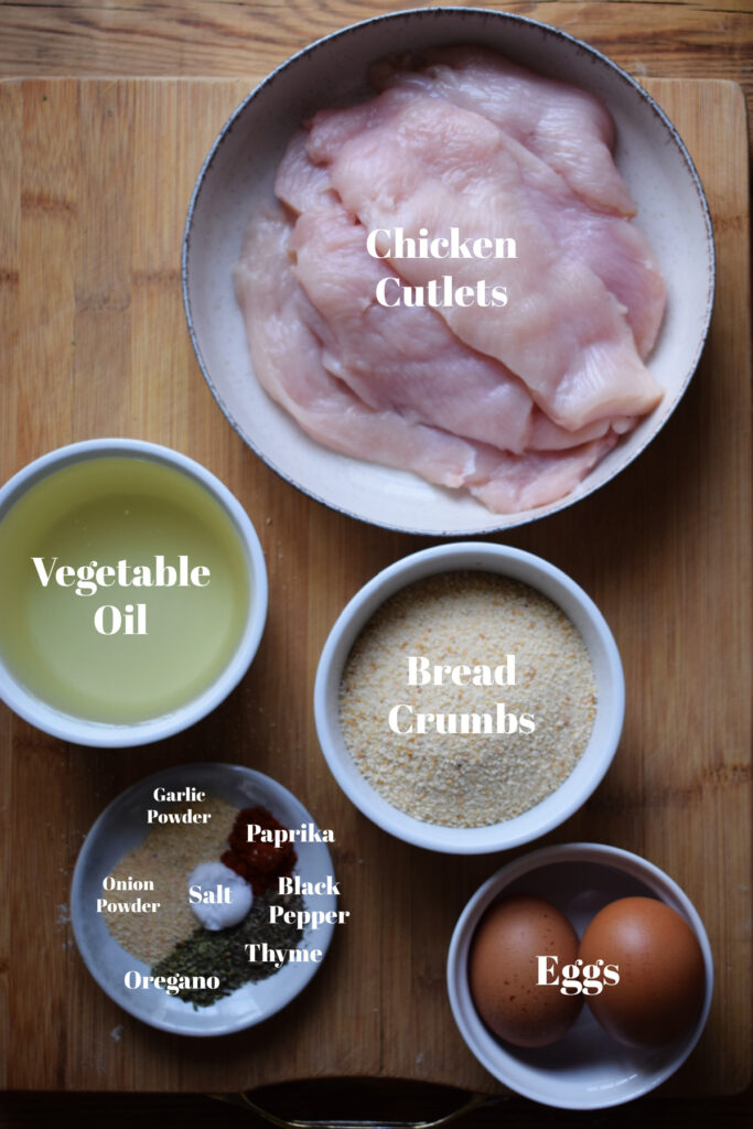 Ingredients to make crispy chicken cutlets.