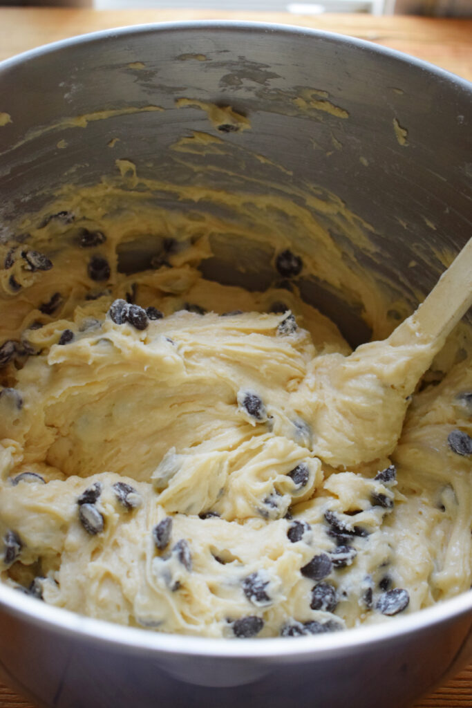 Chocolate chip muffin batter in a mixing bowl.