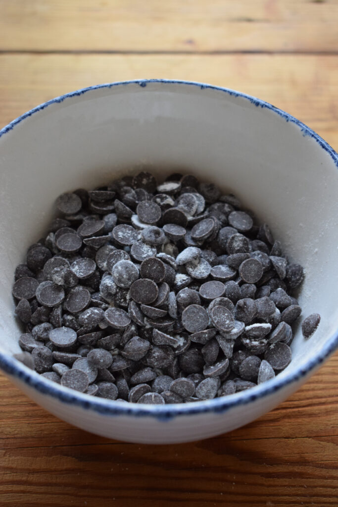 Chocolate chips in a bowl.