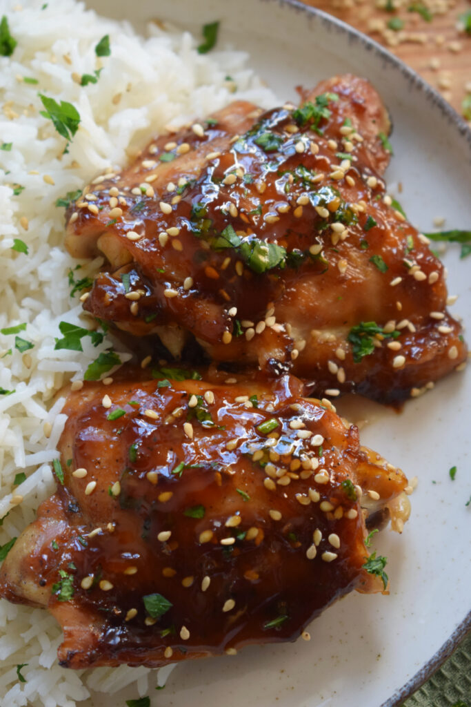 Close up of teriyaki chicken on a plate with rice.