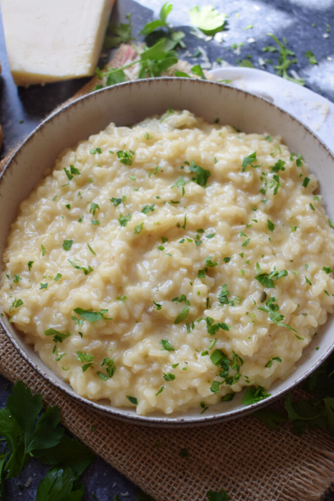 Close up of risotto in a bowl.