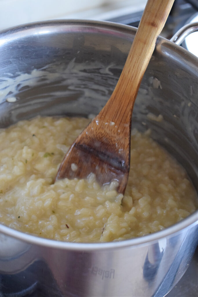 Risotto rice in a saucepan.