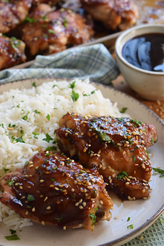 Baked chicken thighs on a plate with white rice.
