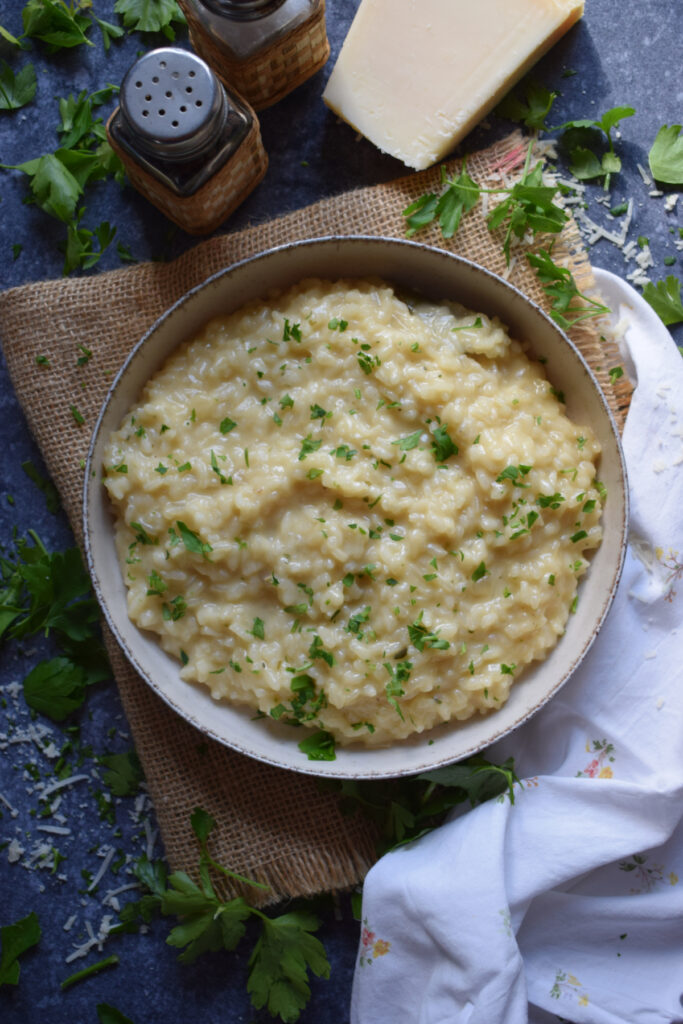 Italian style risotto in a bowl on a table.
