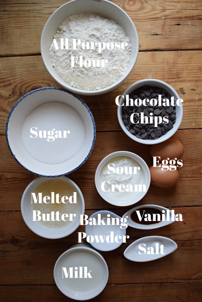 Ingredients to make chocolate chip muffins.