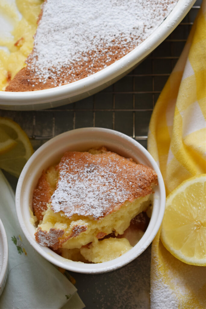 Baked lemon dessert in a serving bowl.