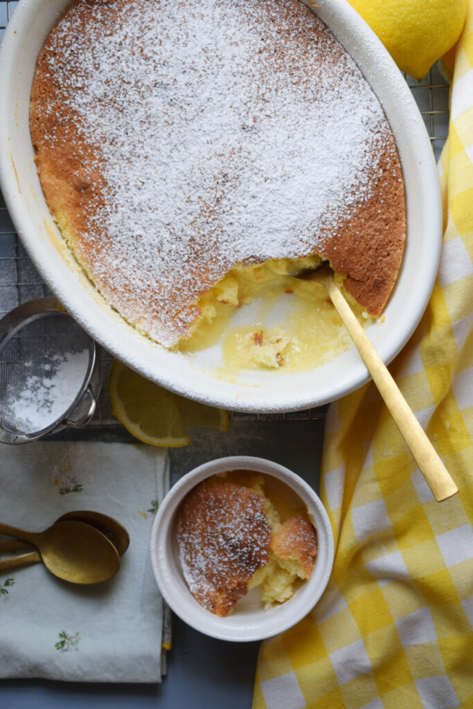Lemon dessert in a casserole dish.