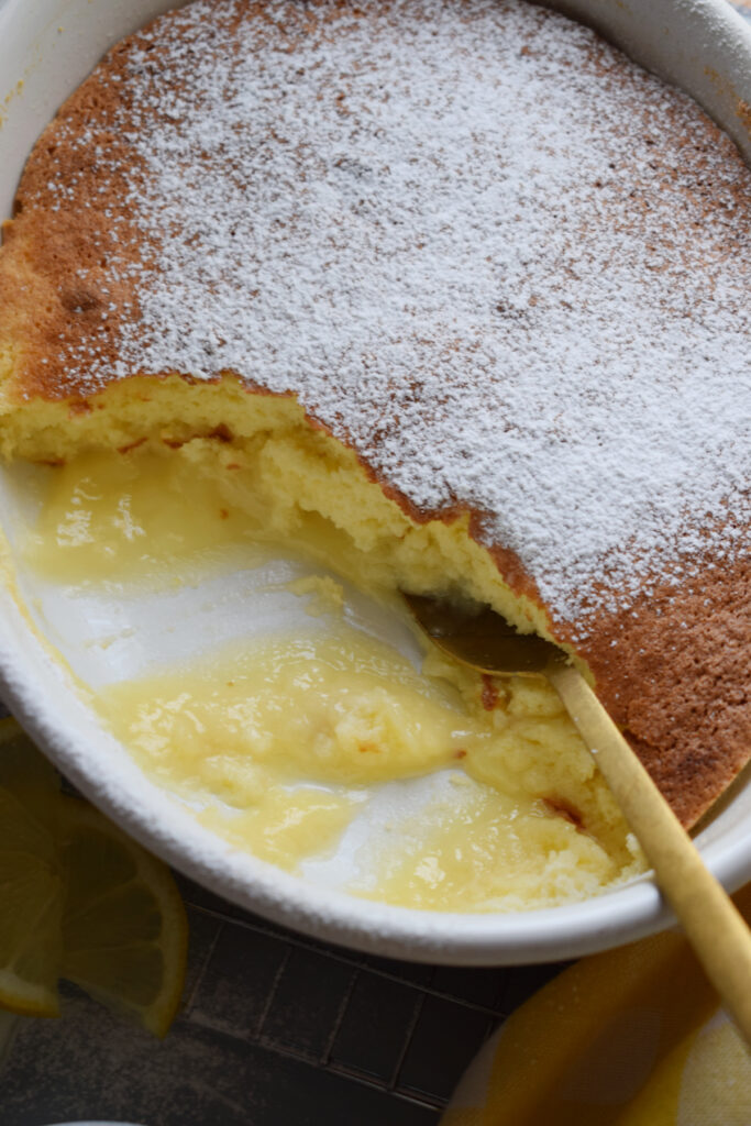 Baked pudding in a casserole dish.