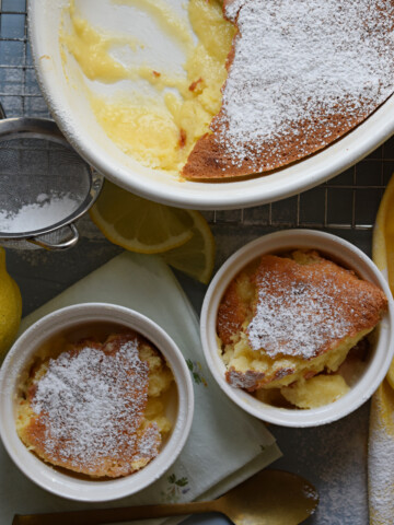 Baked lemon pudding in serving dishes.
