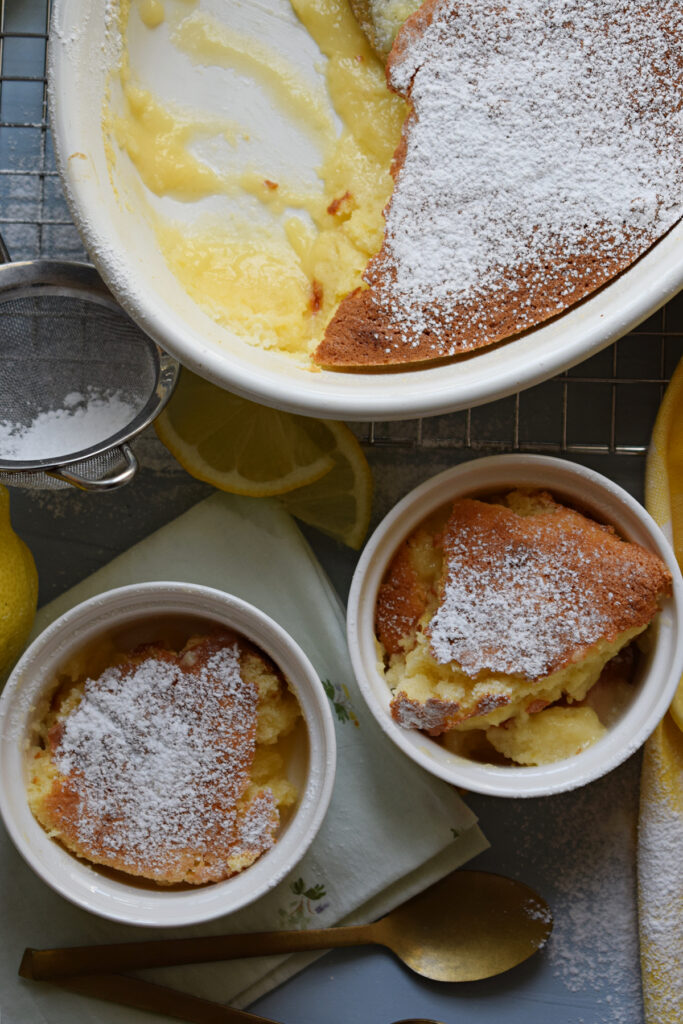 Baked lemon pudding in serving dishes.