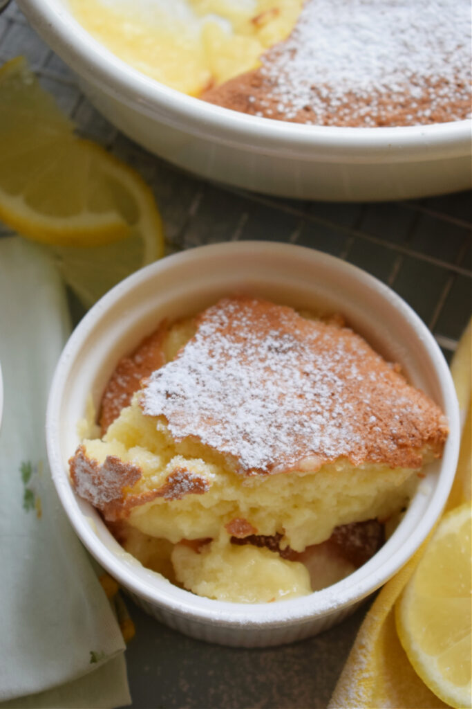 Lemon pudding cake in a serving dish.